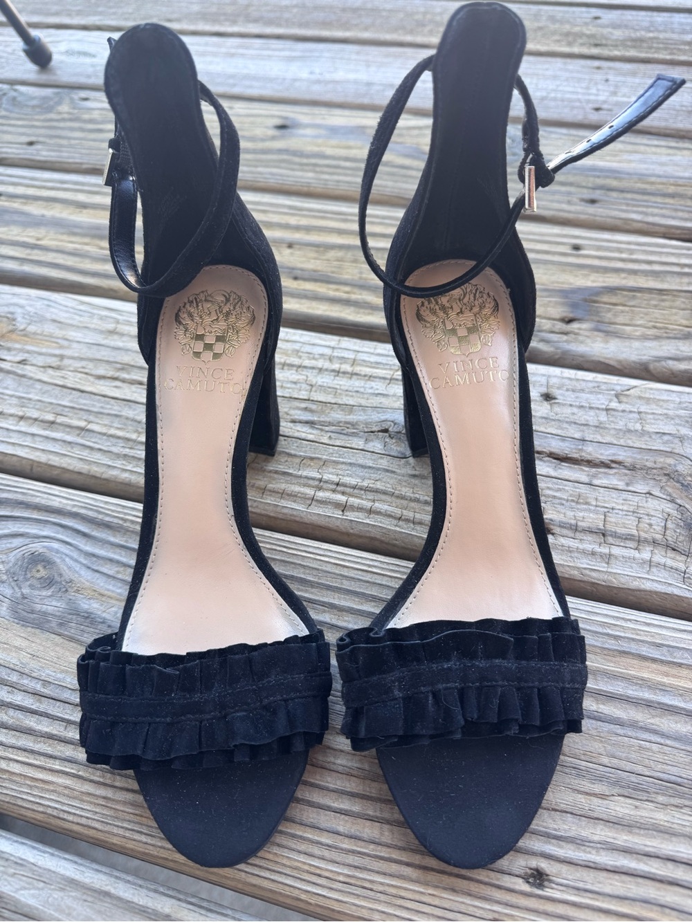 Vince Camuto Black Ruffle Ankle-Strap Block Heels Size 7